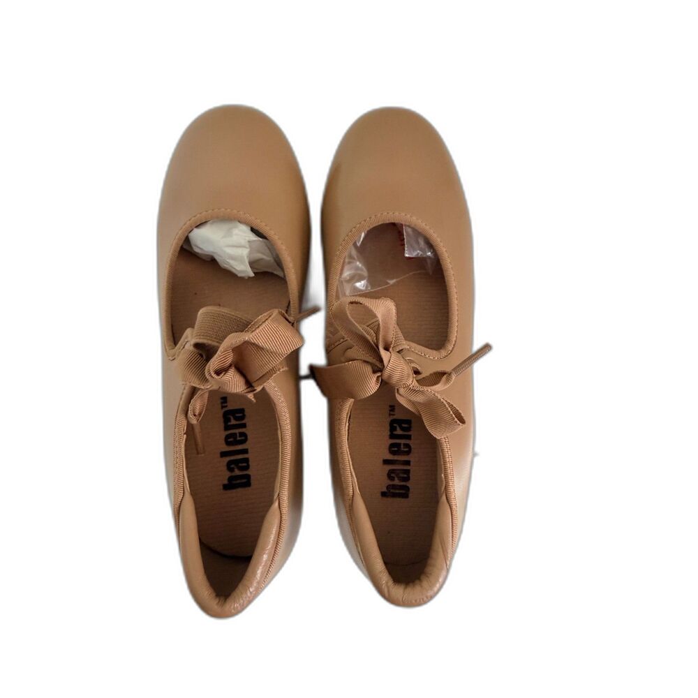 Balera B60 Girls 3A M Tan Caramel Mary Jane Tap Shoes Ribbon Tie Dance